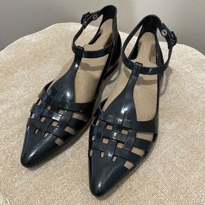 Melissa Black Jelly Pointed Toe Ankle Strap Flats Size 7